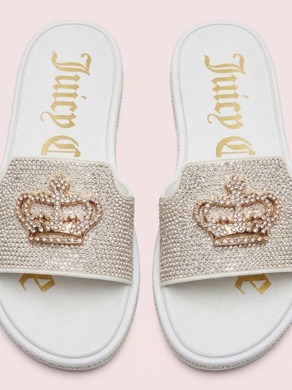 NWT Juicy Couture Crystal-Embellished White Slide Sandals with Gold Accent